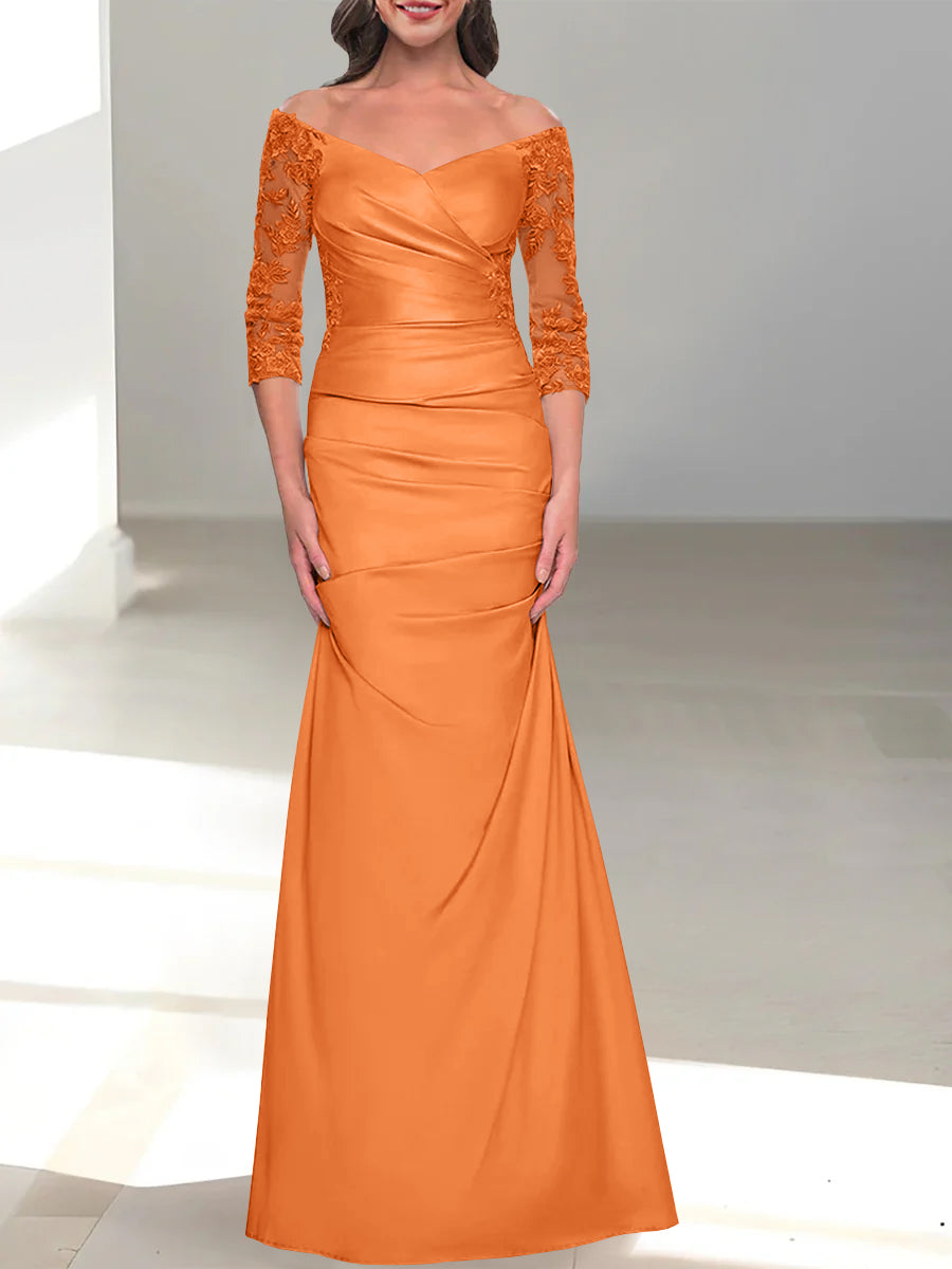 Robe de Mère de la Mariée Trompette/Sirène à Épaules Dénudées et Manches 3/4 avec Perles