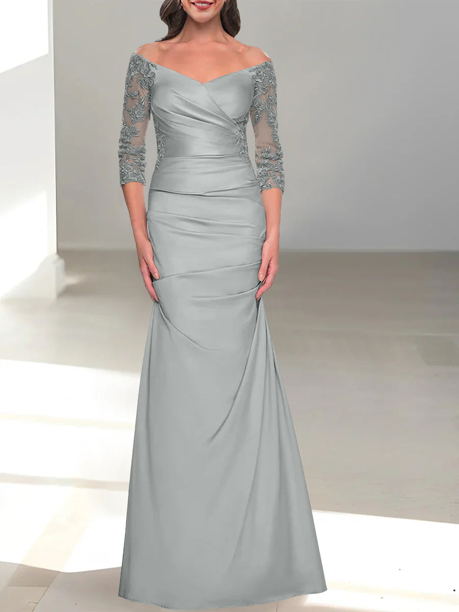 Robe de Mère de la Mariée Trompette/Sirène à Épaules Dénudées et Manches 3/4 avec Perles