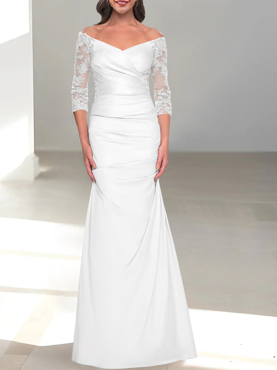 Robe de Mère de la Mariée Trompette/Sirène à Épaules Dénudées et Manches 3/4 avec Perles