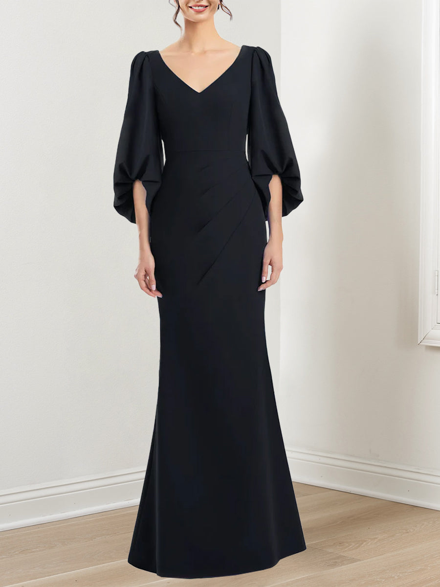 Robe de Mère de la Mariée Trompette/Sirène à Col en V et Manches 3/4 avec Volants