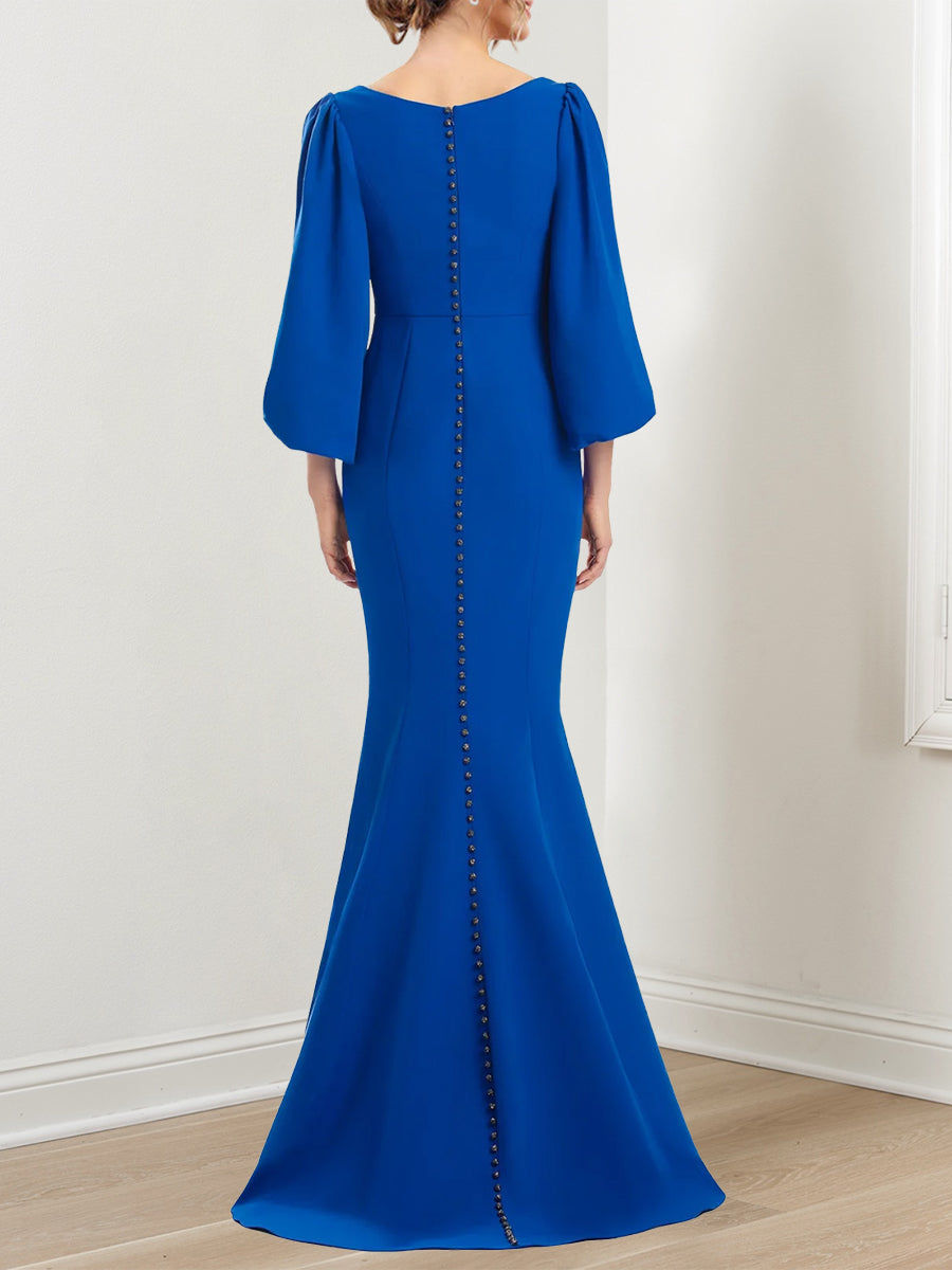 Robe de Mère de la Mariée Trompette/Sirène à Col en V et Manches 3/4 avec Volants