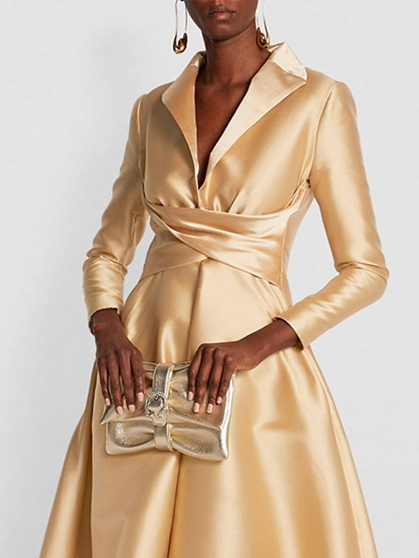 Robe de Soirée Trapèze/Princesse à Manches Longues et Col en V