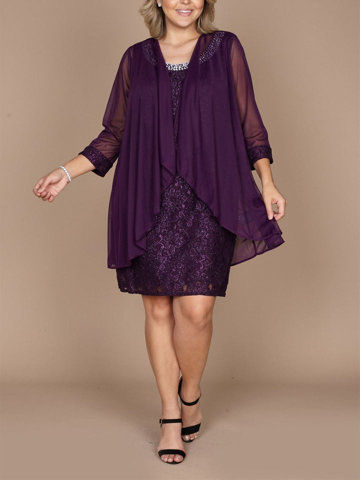 Robe Fourreau/Colonne Courte/Mini à Col Bijou pour Mère de la Mariée avec Dentelle