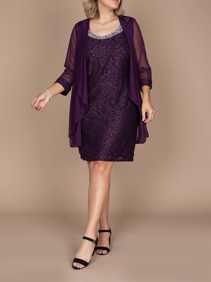 Robe Fourreau/Colonne Courte/Mini à Col Bijou pour Mère de la Mariée avec Dentelle