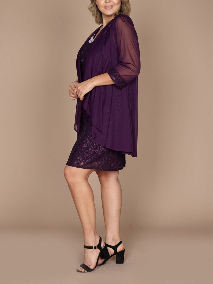 Robe Fourreau/Colonne Courte/Mini à Col Bijou pour Mère de la Mariée avec Dentelle