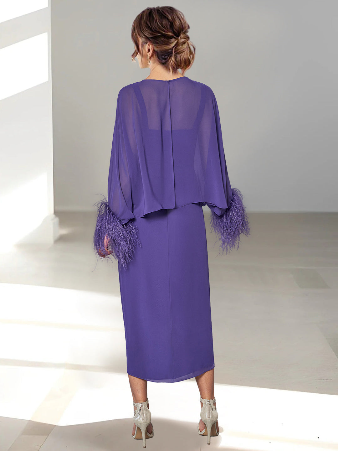 Robe de Mère de la Mariée Coupe A-Line/Princess Longueur Thé avec Veste à Plumes