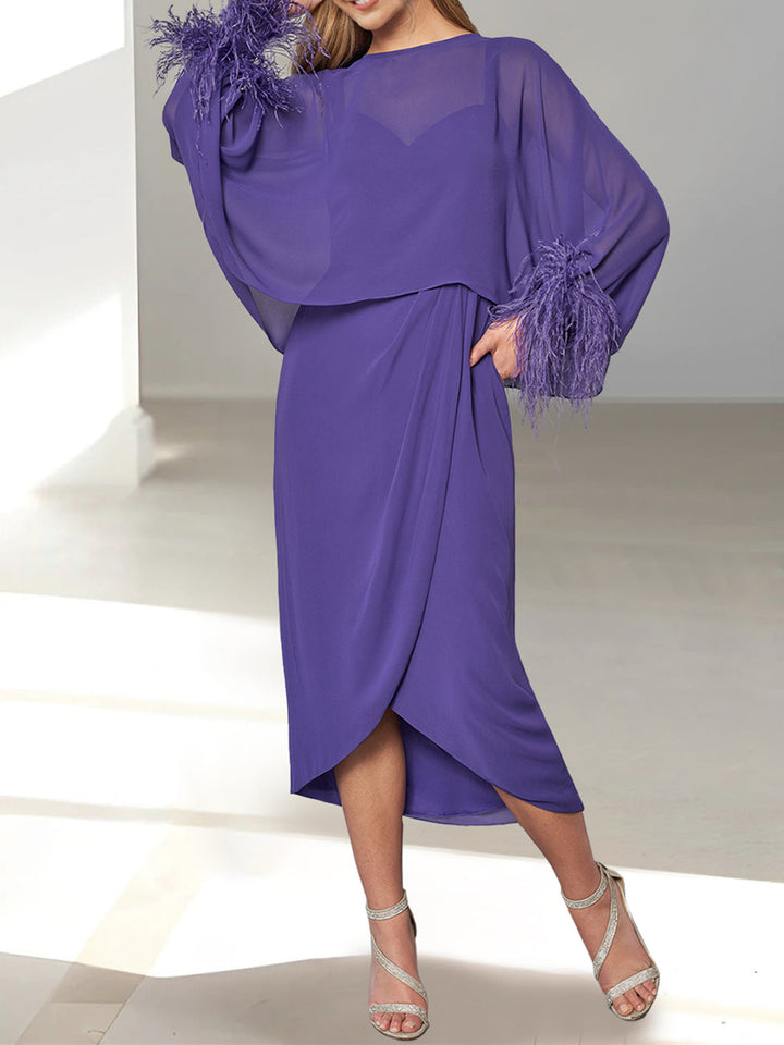 Robe de Mère de la Mariée Coupe A-Line/Princess Longueur Thé avec Veste à Plumes