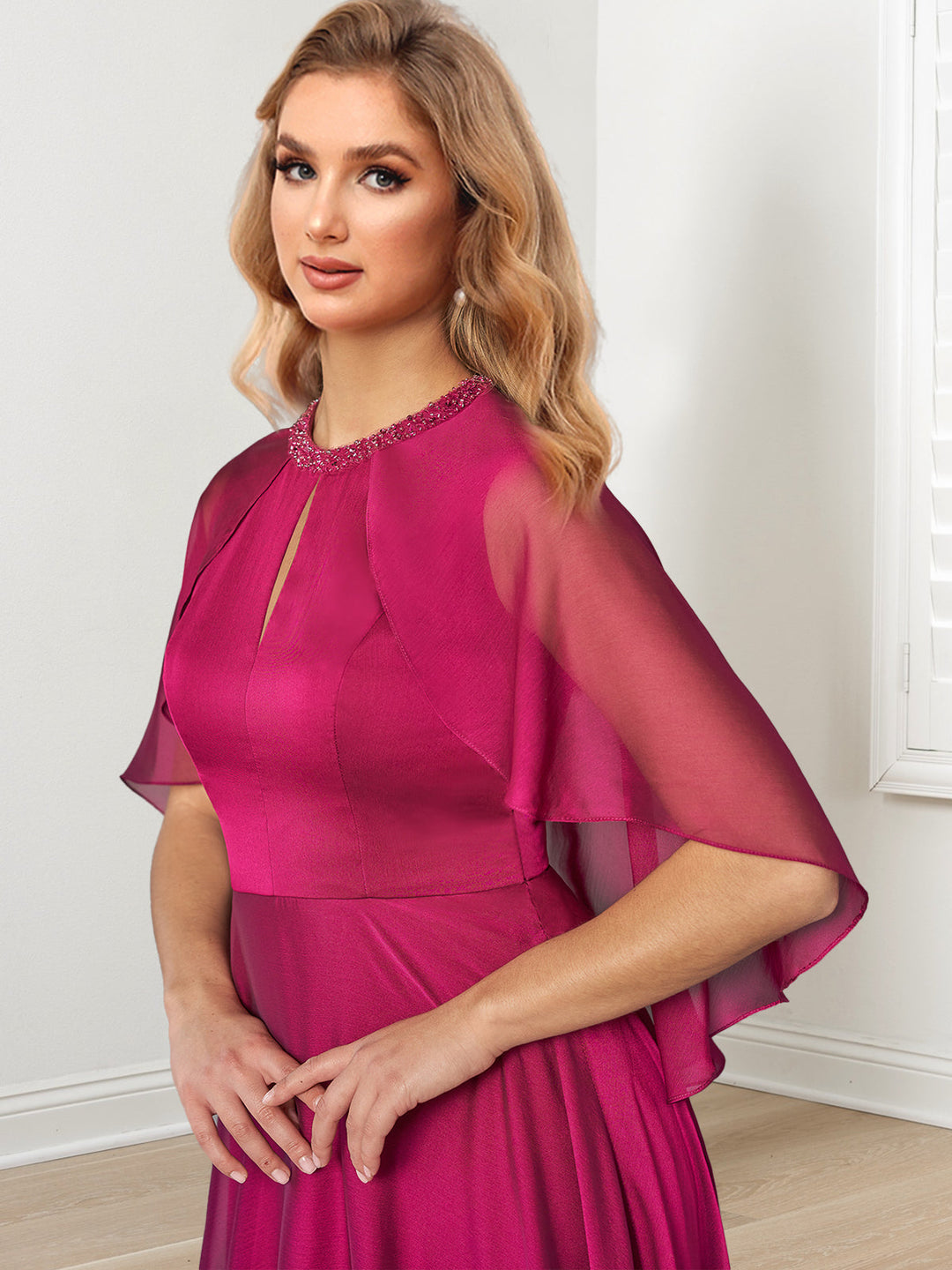 Robe de Mère de la Mariée Coupe A-Line/Princess, Longueur Au Sol, avec Décolleté en Bijou et Perles Faites à la Main