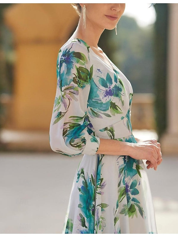 Robe de Mère de la Mariée Asymétrique à Fleurs, Coupe A-Line/Princess, Col en V, Manches 3/4