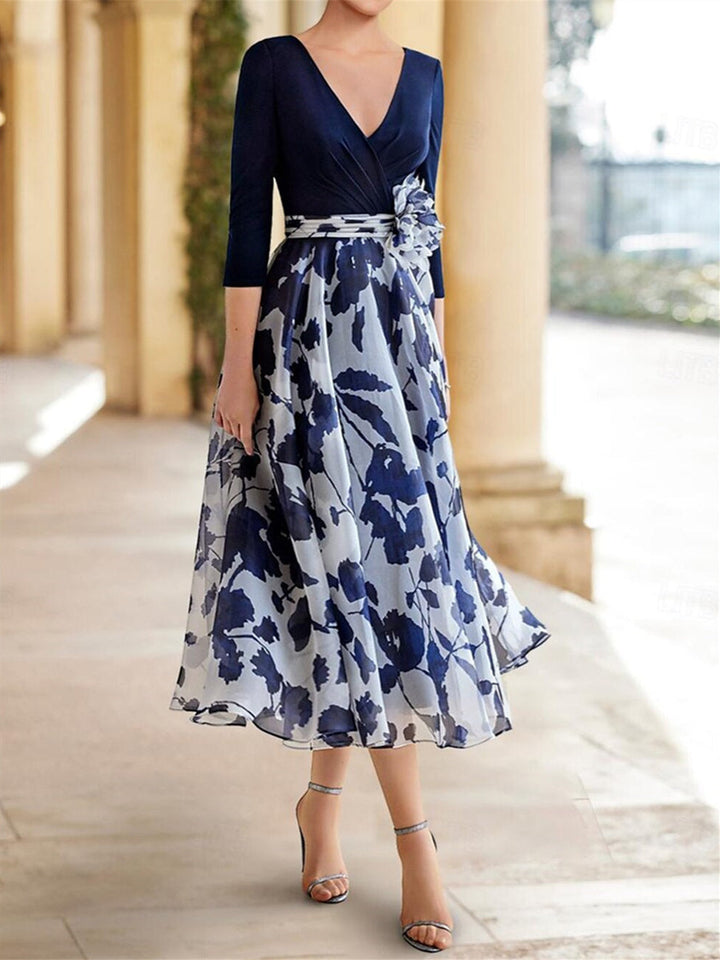 Robe de Mère de la Mariée à Fleurs, Coupe A-Line/Princesse, Col en V, Manches 3/4, Longueur Cheville