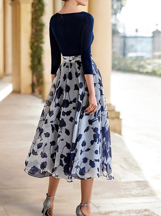 Robe de Mère de la Mariée à Fleurs, Coupe A-Line/Princesse, Col en V, Manches 3/4, Longueur Cheville