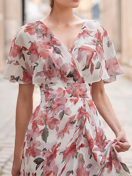 Robe D'Invitée de Mariage Trapèze à Col en V et Manches Courtes, Longueur Cheville, avec Volants en Cascade