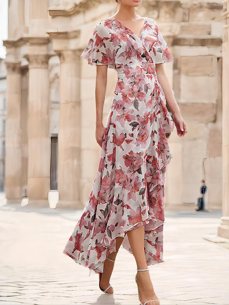 Robe D'Invitée de Mariage Trapèze à Col en V et Manches Courtes, Longueur Cheville, avec Volants en Cascade