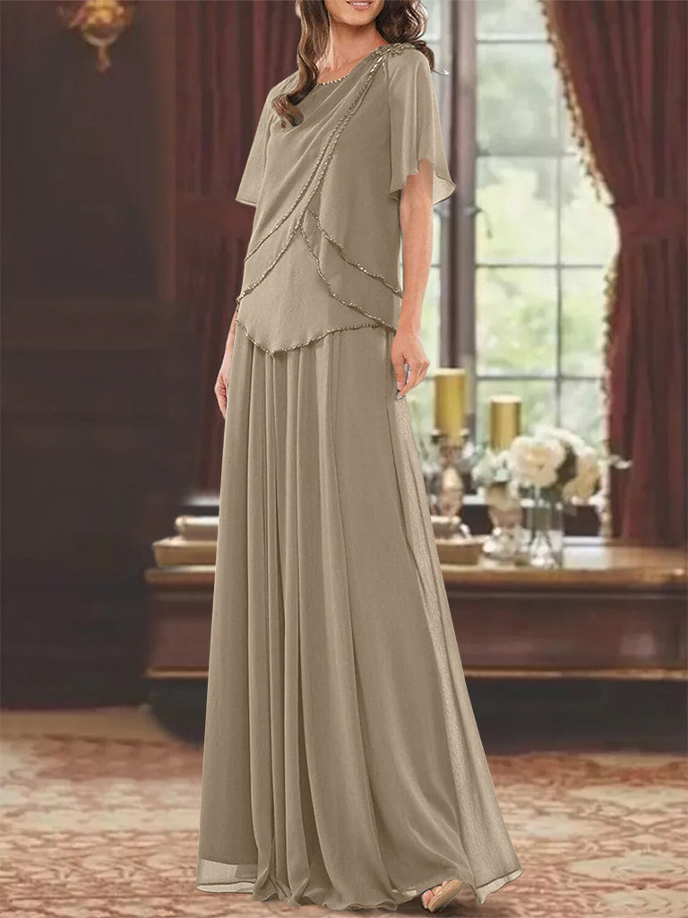 Robe de Mère de la Mariée Coupe A-Line/Princesse, Col Bijou, Manches Courtes, Longueur Au Sol, avec Plis et Perles