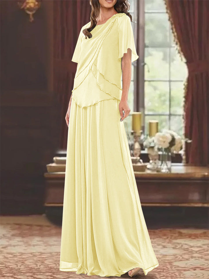 Robe de Mère de la Mariée Coupe A-Line/Princesse, Col Bijou, Manches Courtes, Longueur Au Sol, avec Plis et Perles