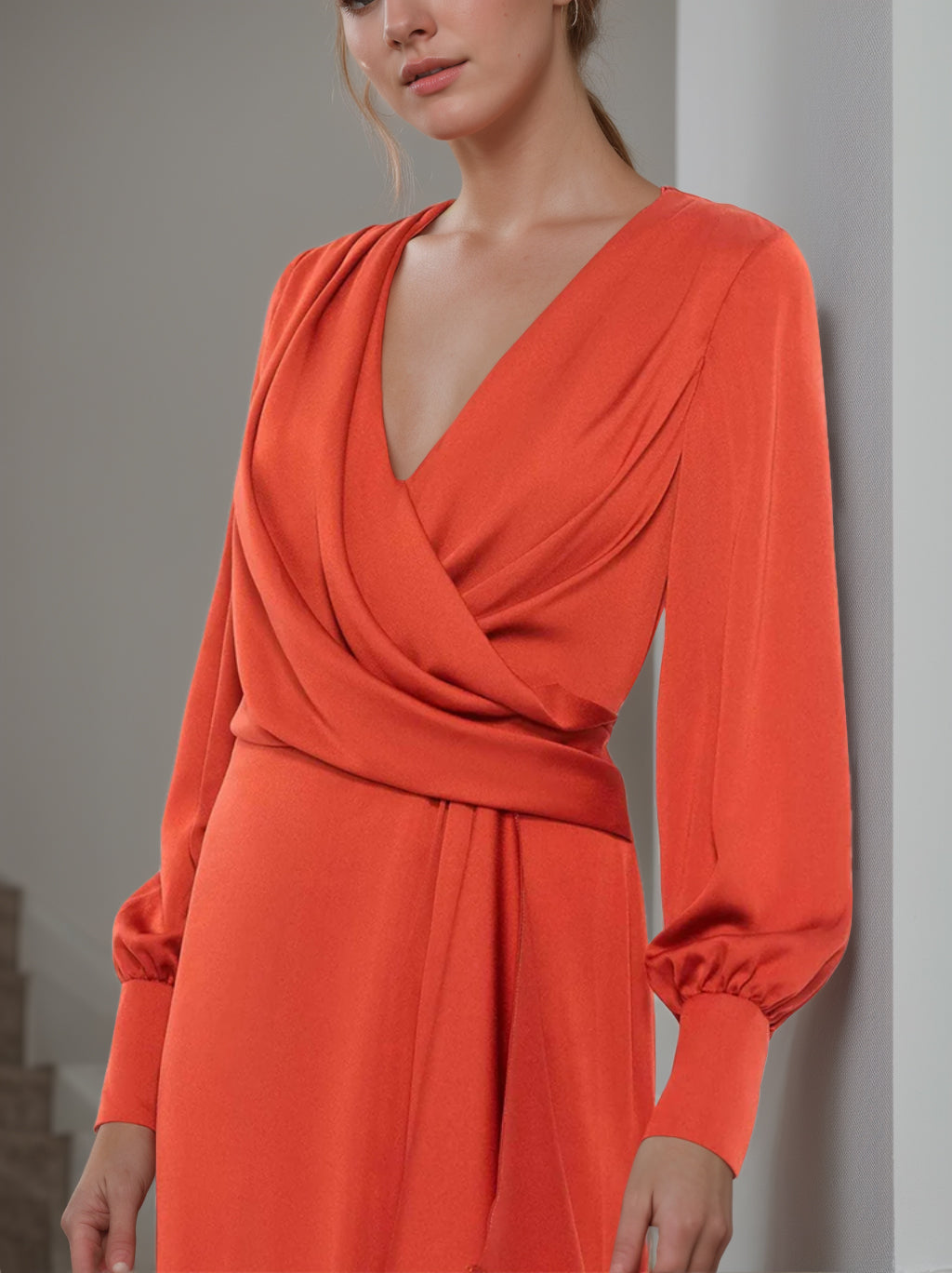 Robe de Mère de la Mariée Coupe A-Line/Princess à Col en V et Manches Longues, Longueur Au Sol, avec Volants