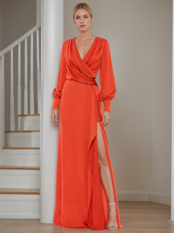 Robe de Mère de la Mariée Coupe A-Line/Princess à Col en V et Manches Longues, Longueur Au Sol, avec Volants