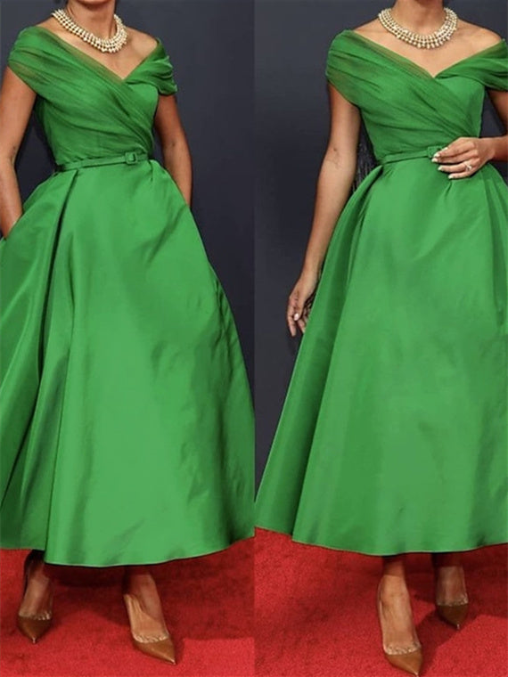 Robe de Mère de la Mariée en A-Line Sans Manches, Épaules Dénudées, Longueur Cheville, Froncée