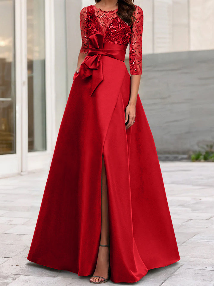 Robe de Mère de la Mariée Coupe A-Line/Princess à Encolure Illusion et Manches 3/4 avec Fente Sur le Côté