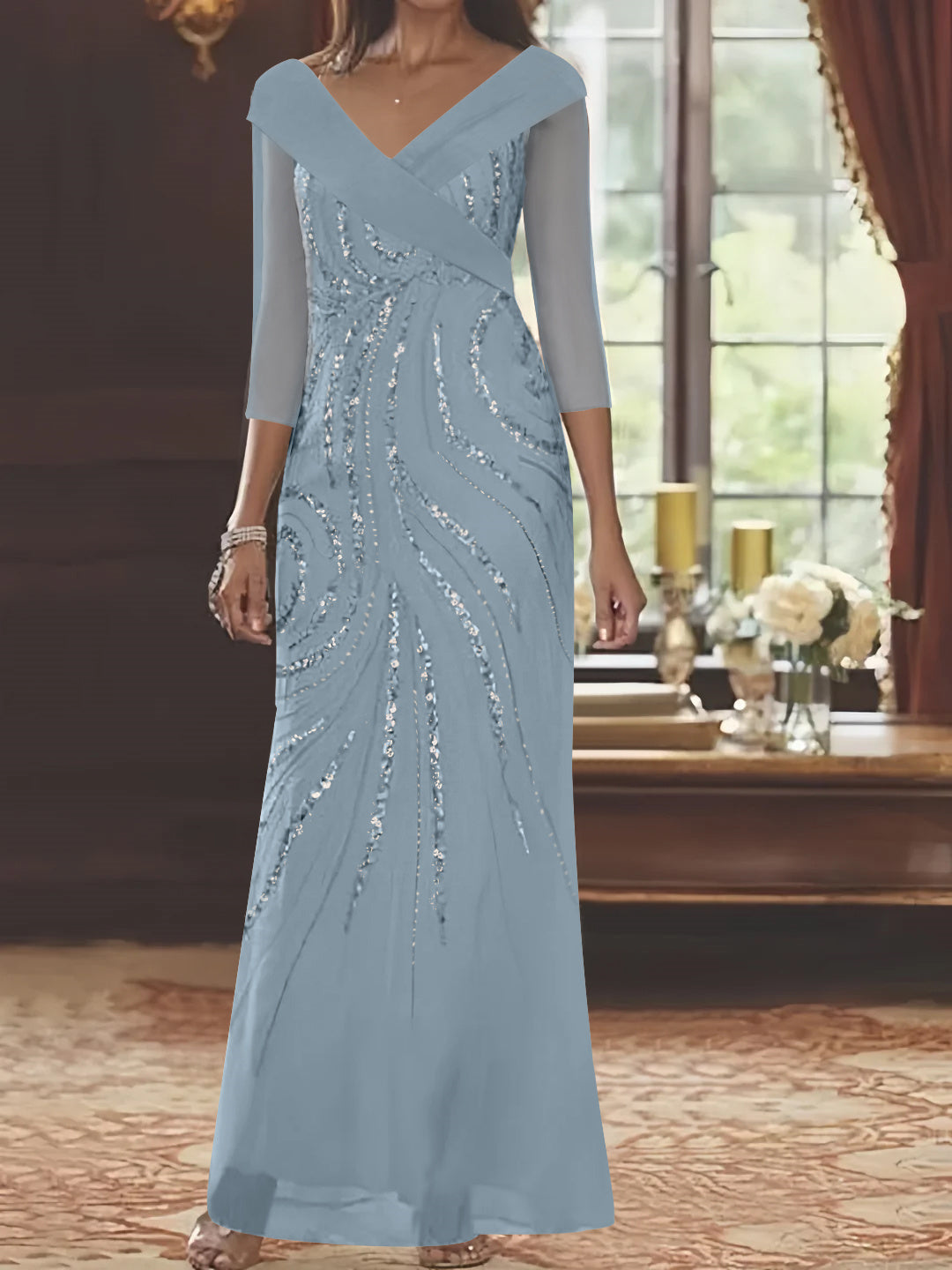 Robe de Mère de la Mariée Fourreau/Colonne à Col en V et Manches 3/4, Longueur Au Sol, avec Paillettes