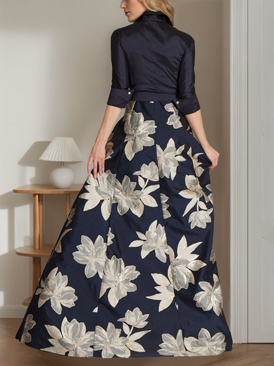 Robe de Mère de la Mariée à Imprimé Floral, Coupe A-Line/Princess, Col Chemise, Manches 3/4, Longueur Au Sol