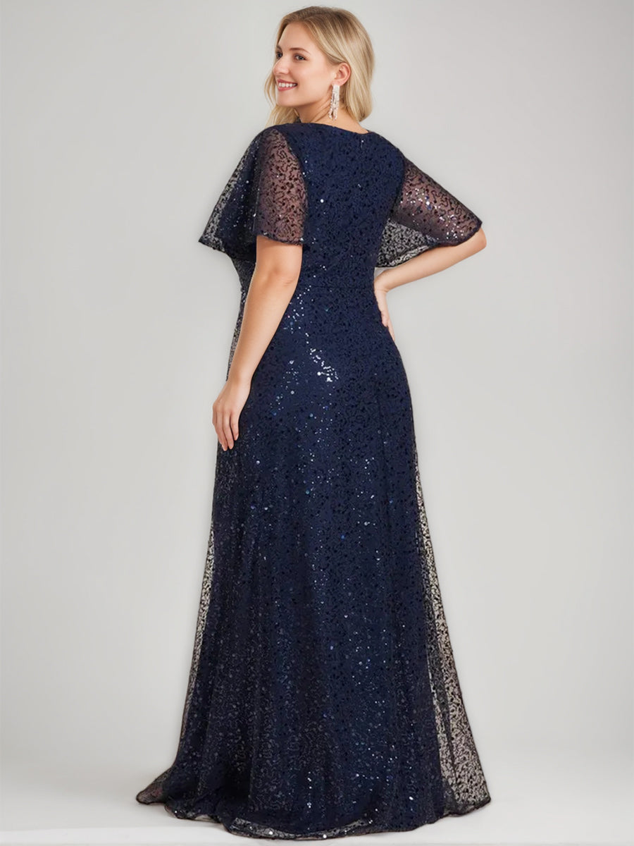 Robes de Mère de la Mariée et Du Marié à Paillettes, Coupe A-Line/Princess, Col en V, Manches Courtes, Longueur Au Sol