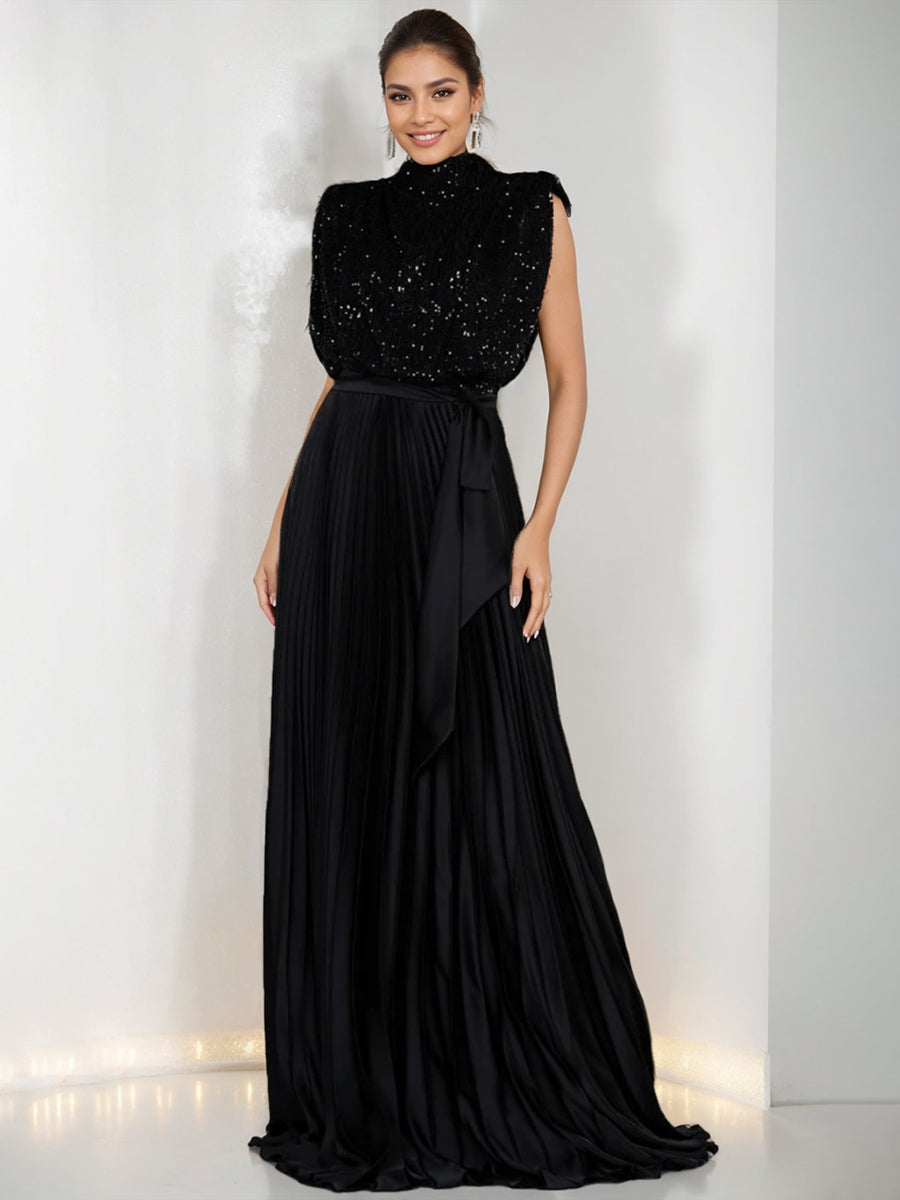 Robes de Mère de la Mariée et Du Marié Sans Manches à Col Haut, Coupe A-Line/Princess, avec Paillettes et Volants