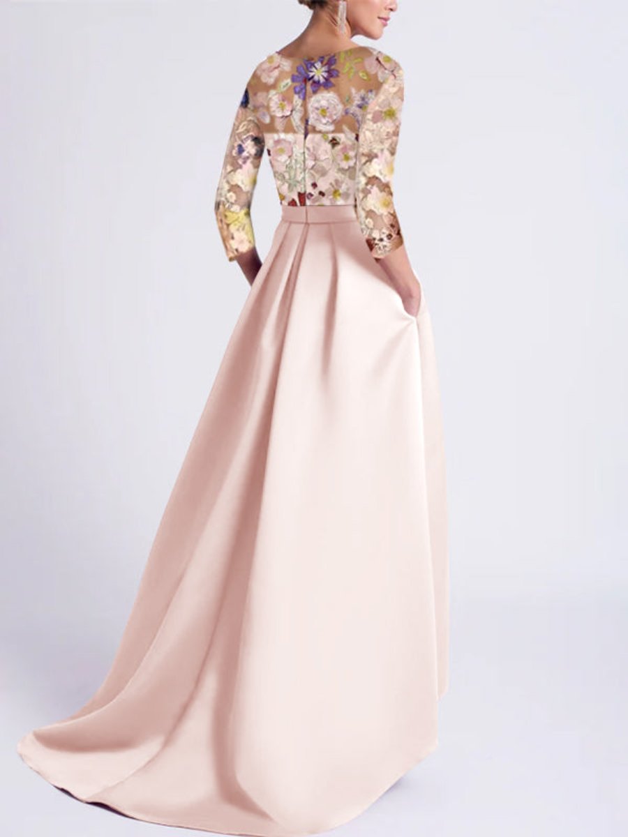 Robe de Mère de la Mariée Asymétrique à Manches 3/4 et Coupe Princesse avec Appliques en Dentelle