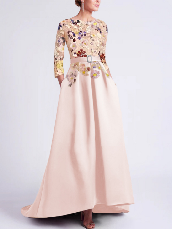 Robe de Mère de la Mariée Asymétrique à Manches 3/4 et Coupe Princesse avec Appliques en Dentelle