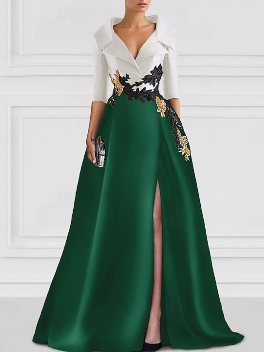 Robe de Mère de la Mariée Coupe A-Line/Princess à Col en V et Longueur Au Sol avec Appliques et Fente Sur le Côté