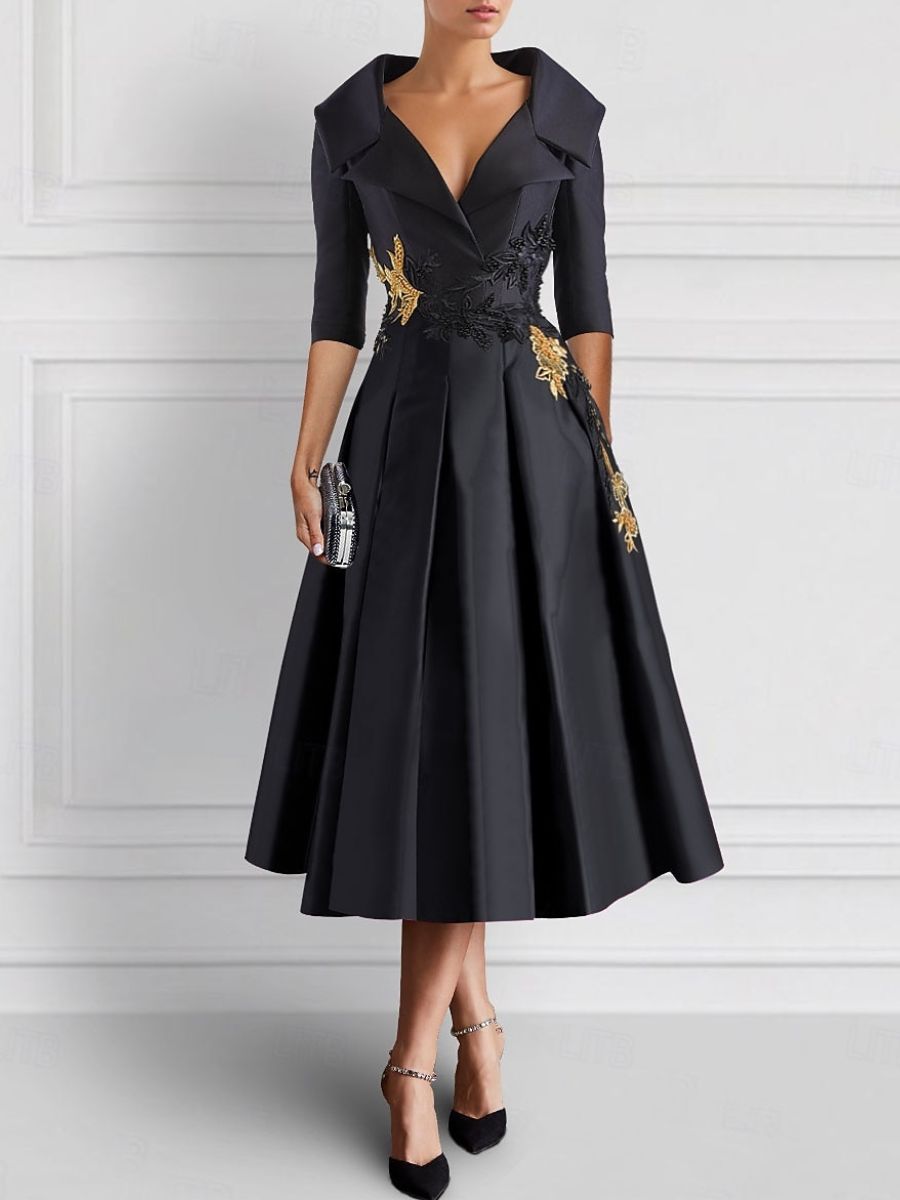 Robe de Mère de la Mariée Élégante Coupe A-Line/Princess à Col en V et Longueur Thé avec Appliques