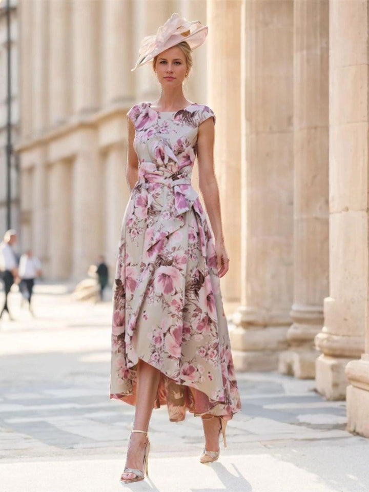 Robes Mère de la Mariée et Du Marié à Fleurs Imprimées à Col Rond et Manches Courtes, Coupe A-Line/Princess