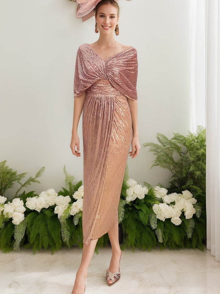 Robes de Mère de la Mariée et Du Marié à Demi-Manches et à Col en V, Fourreau/Colonne, Froncées, avec Volants