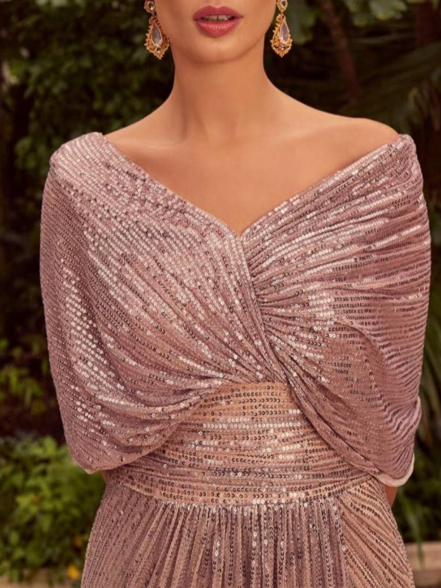 Robes de Mère de la Mariée et Du Marié à Demi-Manches et à Col en V, Fourreau/Colonne, Froncées, avec Volants