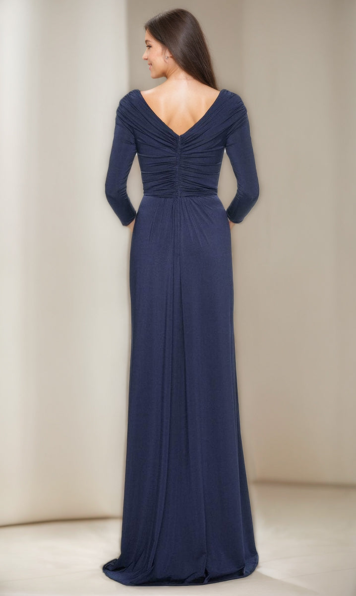 Robes de Mère de la Mariée et Du Marié à Volants, Fourreau/Colonne, Col en V, Manches 3/4, Froncées