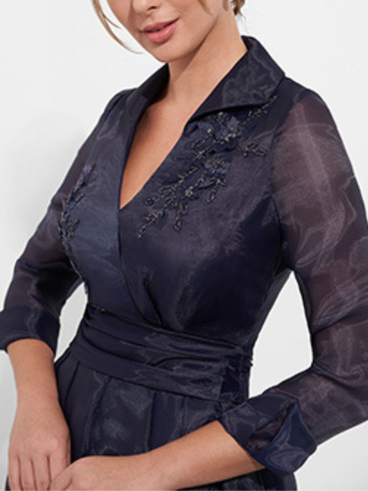 Robe de Mère de la Mariée Coupe A-Line, Col en V, Manches 3/4, Longueur Au Sol, avec Appliques et Fente Latérale