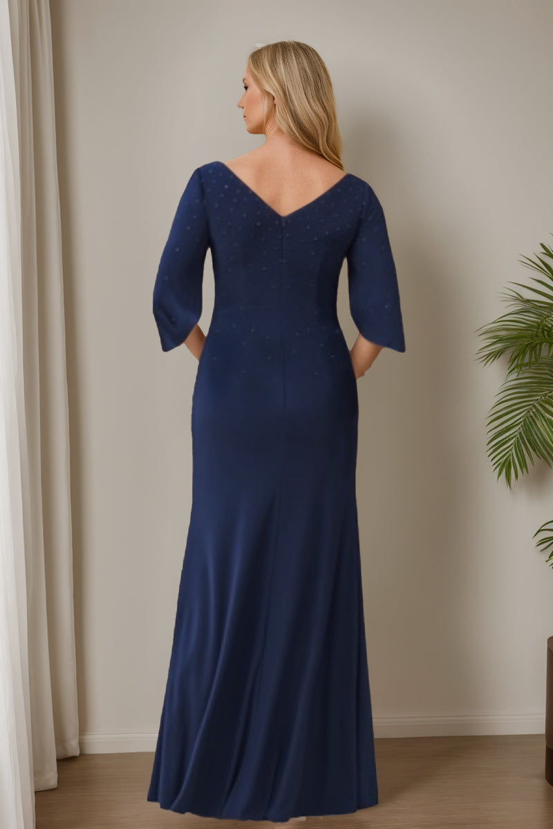 Robes de Mère de la Mariée et Du Marié à Demi-Manches et Col en V, Style Trompette/Sirène, avec Fente Haute et Perles