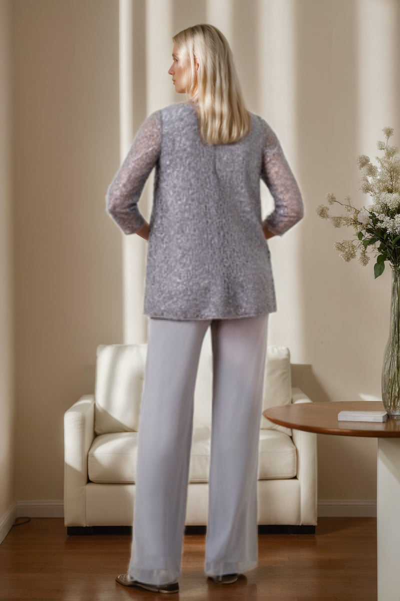 Tailleur-Pantalon en Mousseline à Col en V et Manches 3/4 pour Mère de la Mariée avec Paillettes