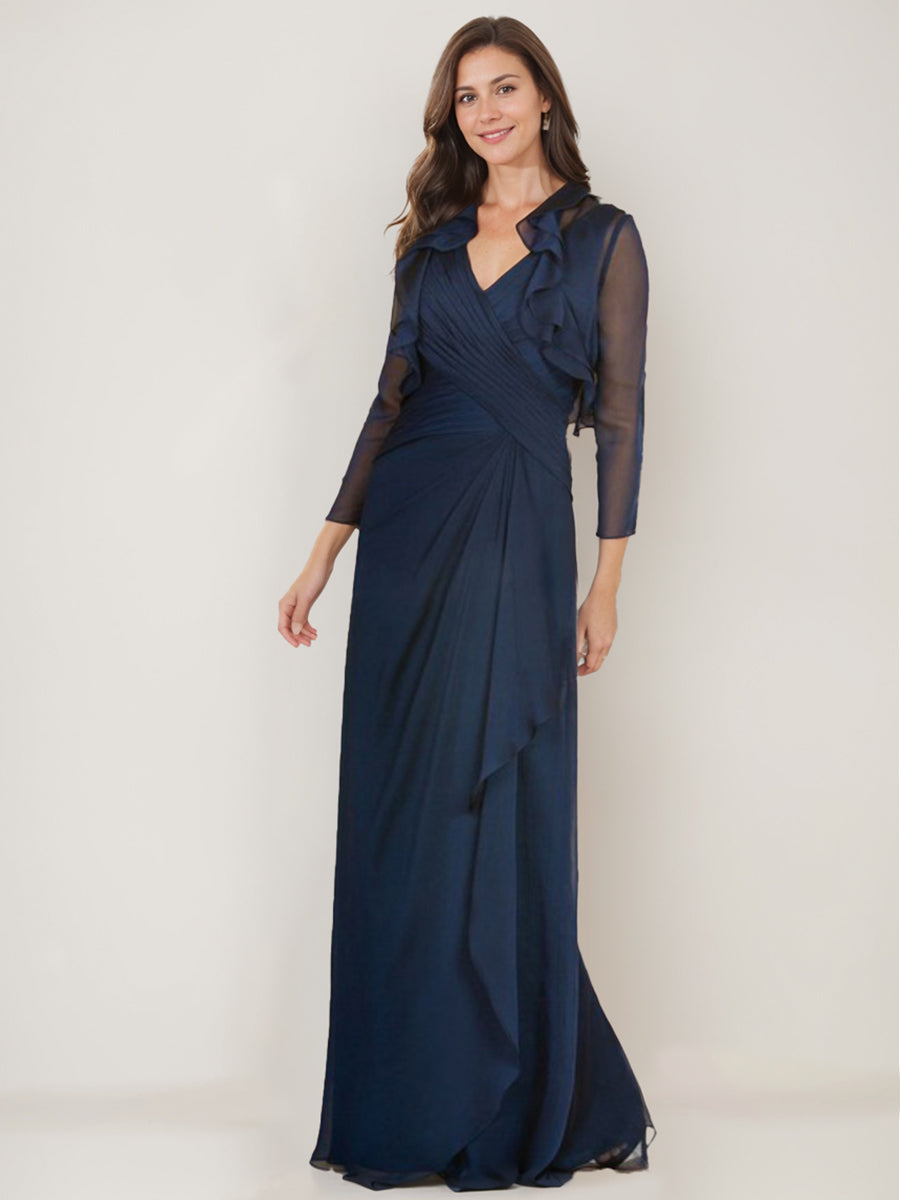 Robe de Mère de la Mariée Fourreau/Colonne à Col en V et Manches 3/4 avec Volants et Veste