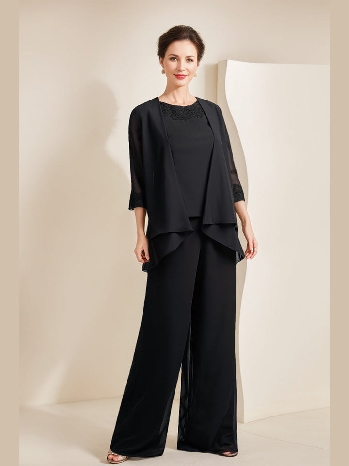 Tailleur-Pantalon Noir en Mousseline de Soie à Manches 3/4 pour Mère de la Mariée avec Appliques et Veste