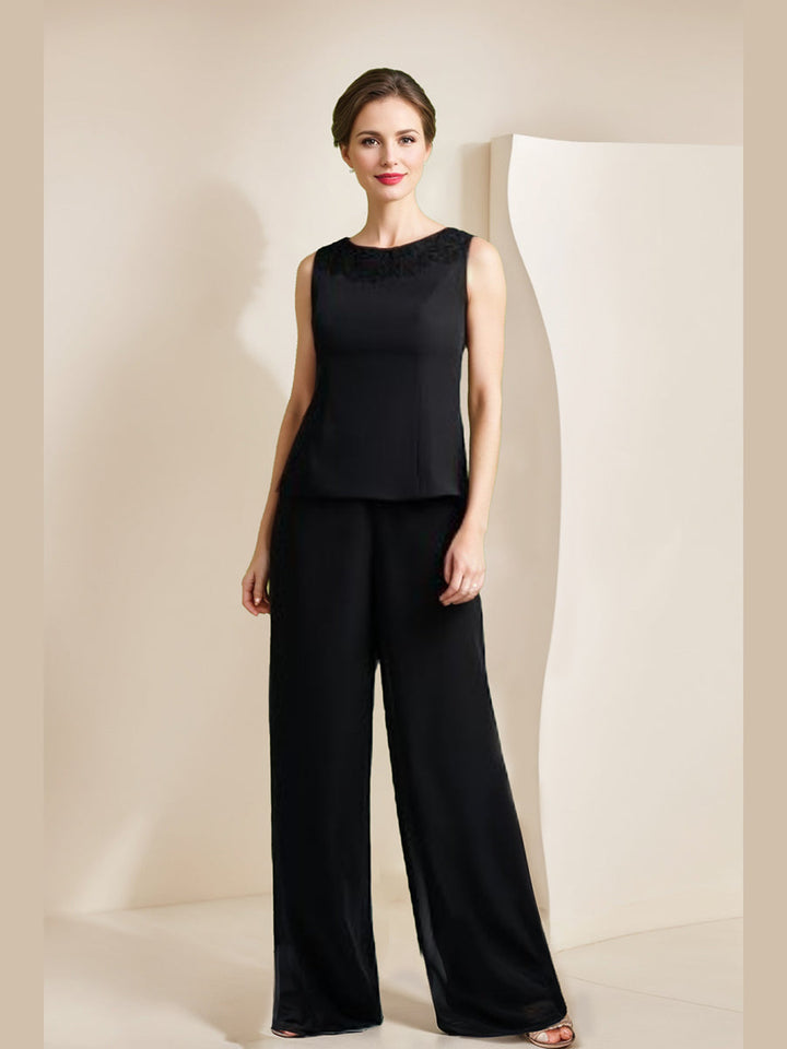 Tailleur-Pantalon Noir en Mousseline de Soie à Manches 3/4 pour Mère de la Mariée avec Appliques et Veste