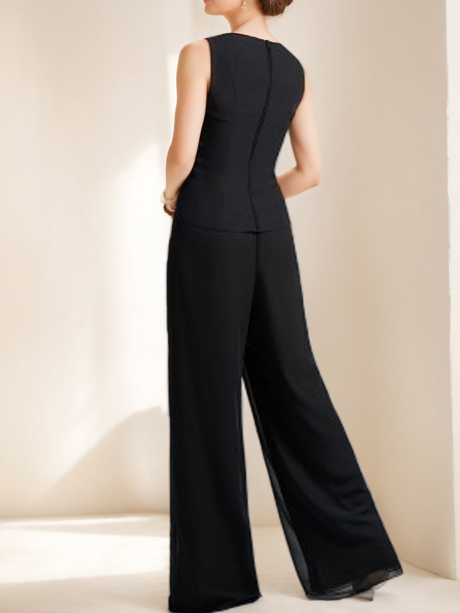 Tailleur-Pantalon Noir en Mousseline de Soie à Manches 3/4 pour Mère de la Mariée avec Appliques et Veste