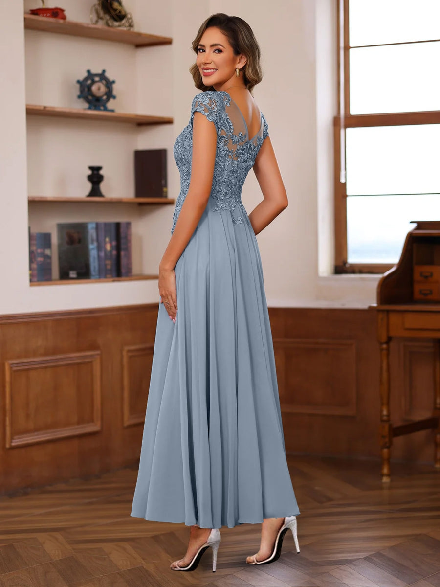 Ligne A Col en V Manches Courtes Longueur de La Cheville Robes Mère de La Mariée avec Dentelle Appliques