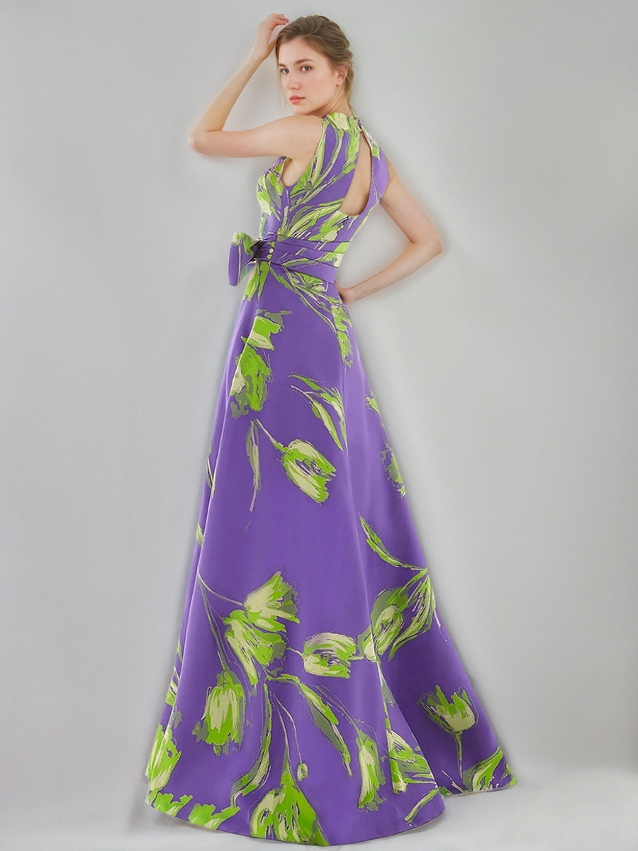 Robes Mère De La Mariée Et Du Marié, Coupe A-Line/Princesse, Col En V, Sans Manches, À Imprimé Floral, Avec Ceinture À Nœud