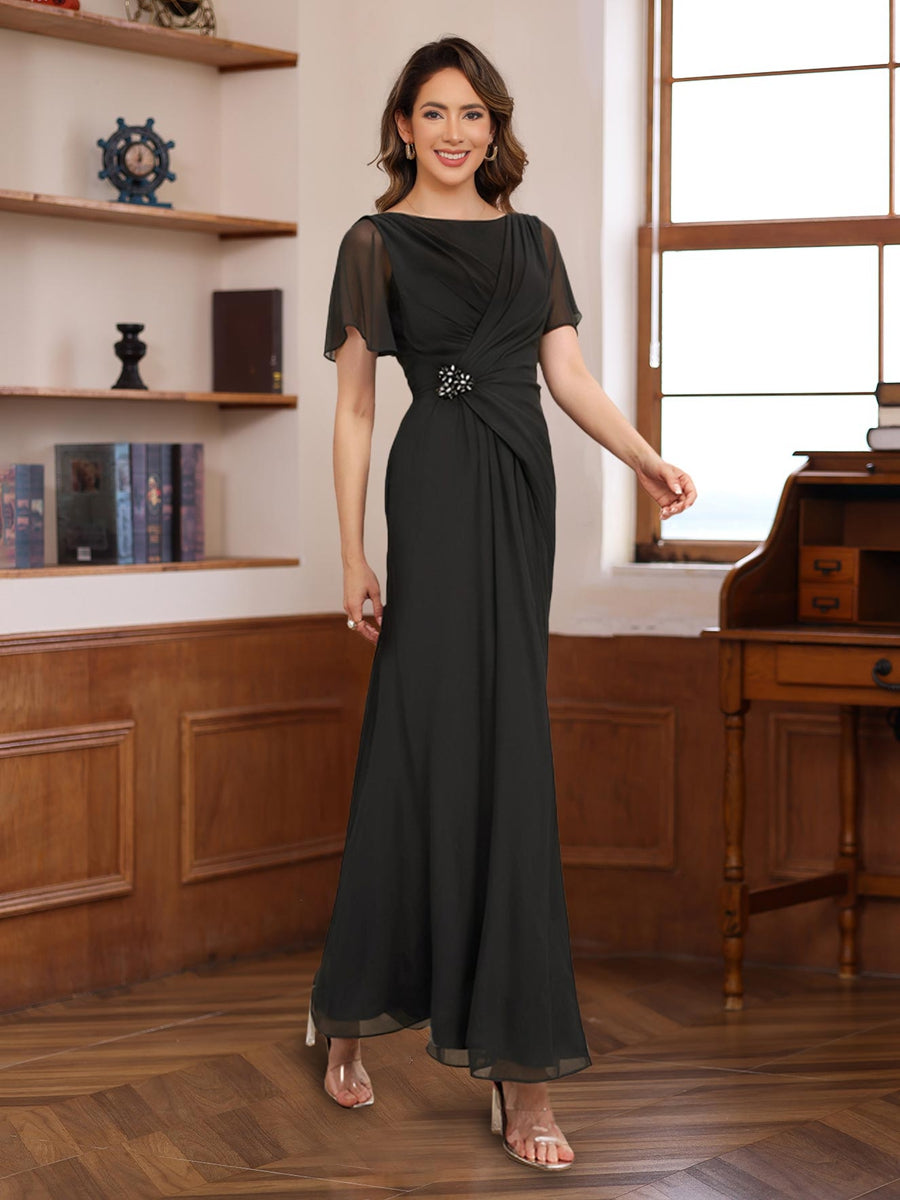 Ligne A Scoop Neck Demi-manches Ankle Length Pleated Mère of the Mariée & Groom Robes avec Beadings