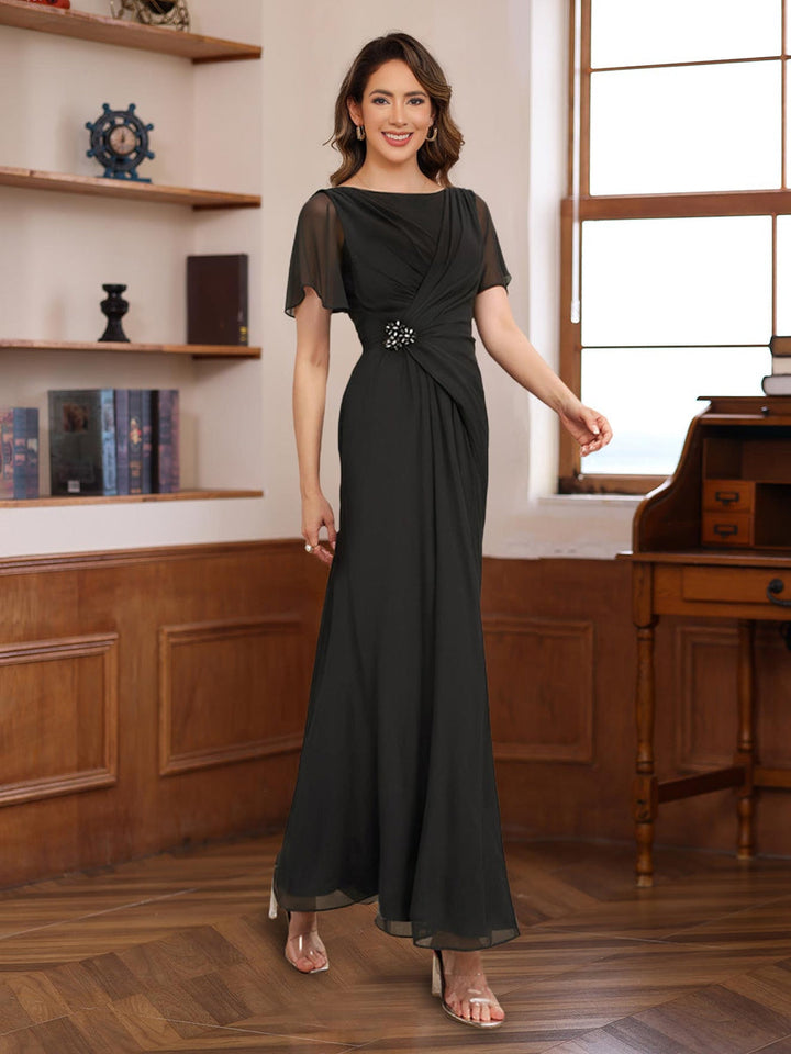 Ligne A Scoop Neck Demi-manches Ankle Length Pleated Mère of the Mariée & Groom Robes avec Beadings