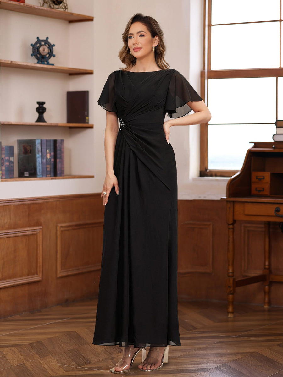 Ligne A Scoop Neck Demi-manches Ankle Length Pleated Mère of the Mariée & Groom Robes avec Beadings