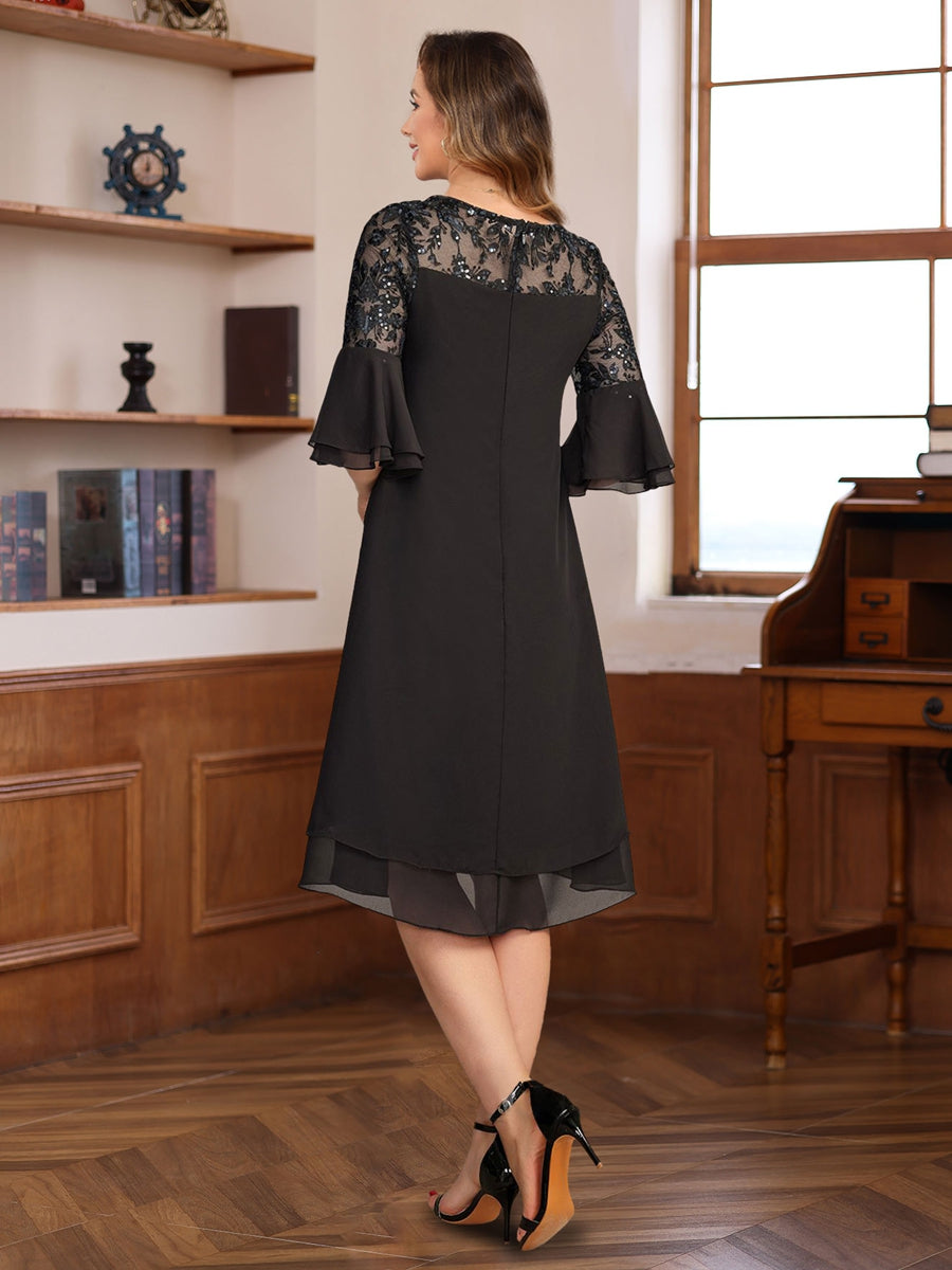 Ligne A/Princesse Col rond 1/2 Manches Knee Length Mère of the Mariée & Groom Robes avec Dentelle Appliques & Froufrous