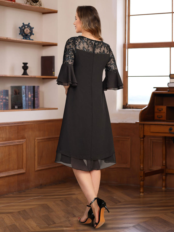 Ligne A/Princesse Col rond 1/2 Manches Knee Length Mère of the Mariée & Groom Robes avec Dentelle Appliques & Froufrous