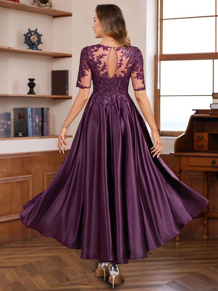 Ligne A/Princesse Col rond Manches Courtes Asymétrique Élégant Mère of the Mariée & Groom Robes avec Dentelle Appliques